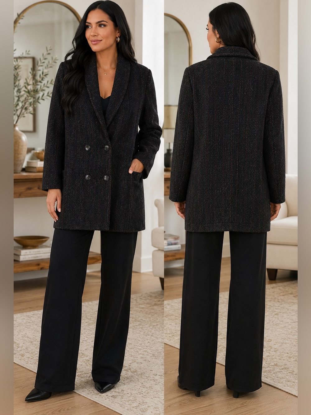 Julia Klein Vintage Wool Coat Womens 12 Black Red Double Breasted Made USA